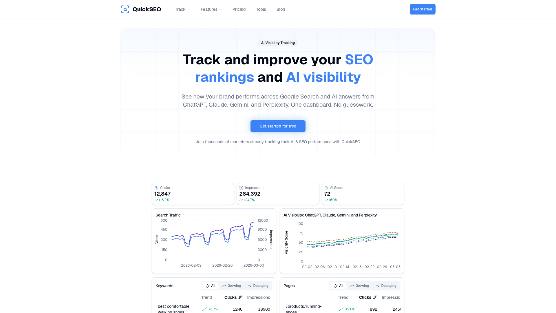 QuickSEO dashboard homepage