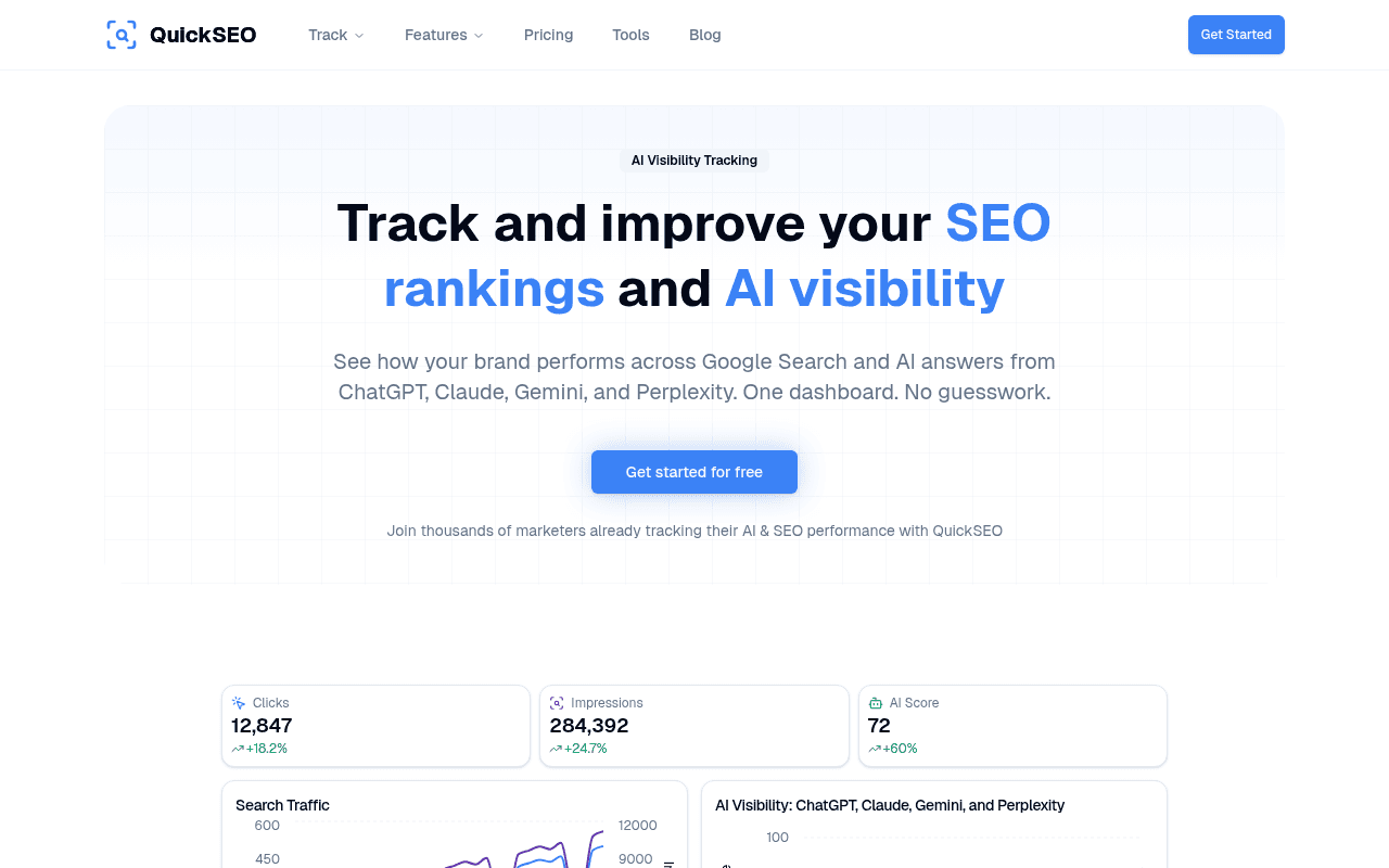 QuickSEO tracks brand visibility across Google Search and AI chatbots in one unified dashboard