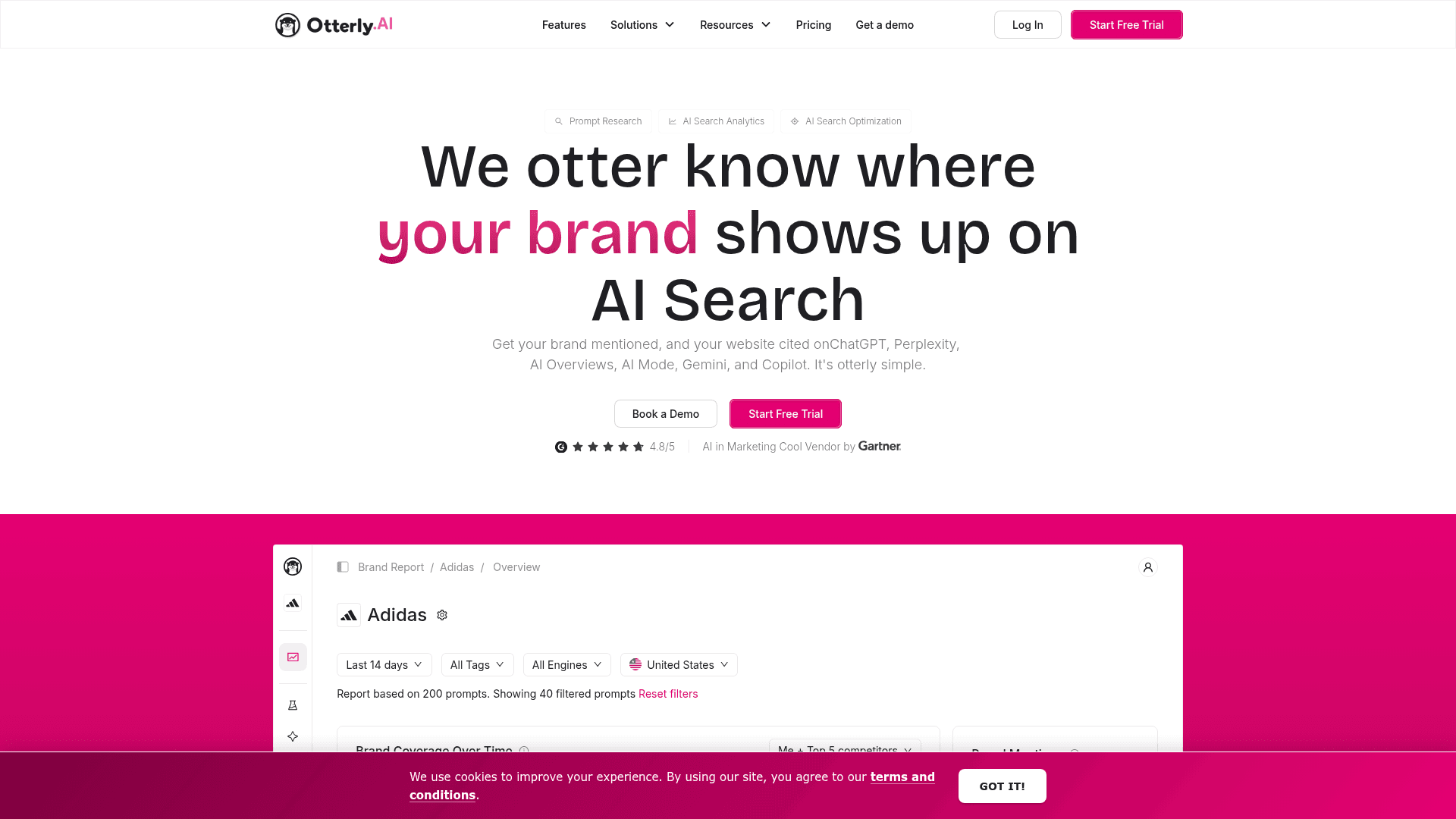 Otterly AI Search Monitoring dashboard showing brand coverage and competitor benchmarking with sentiment scoring