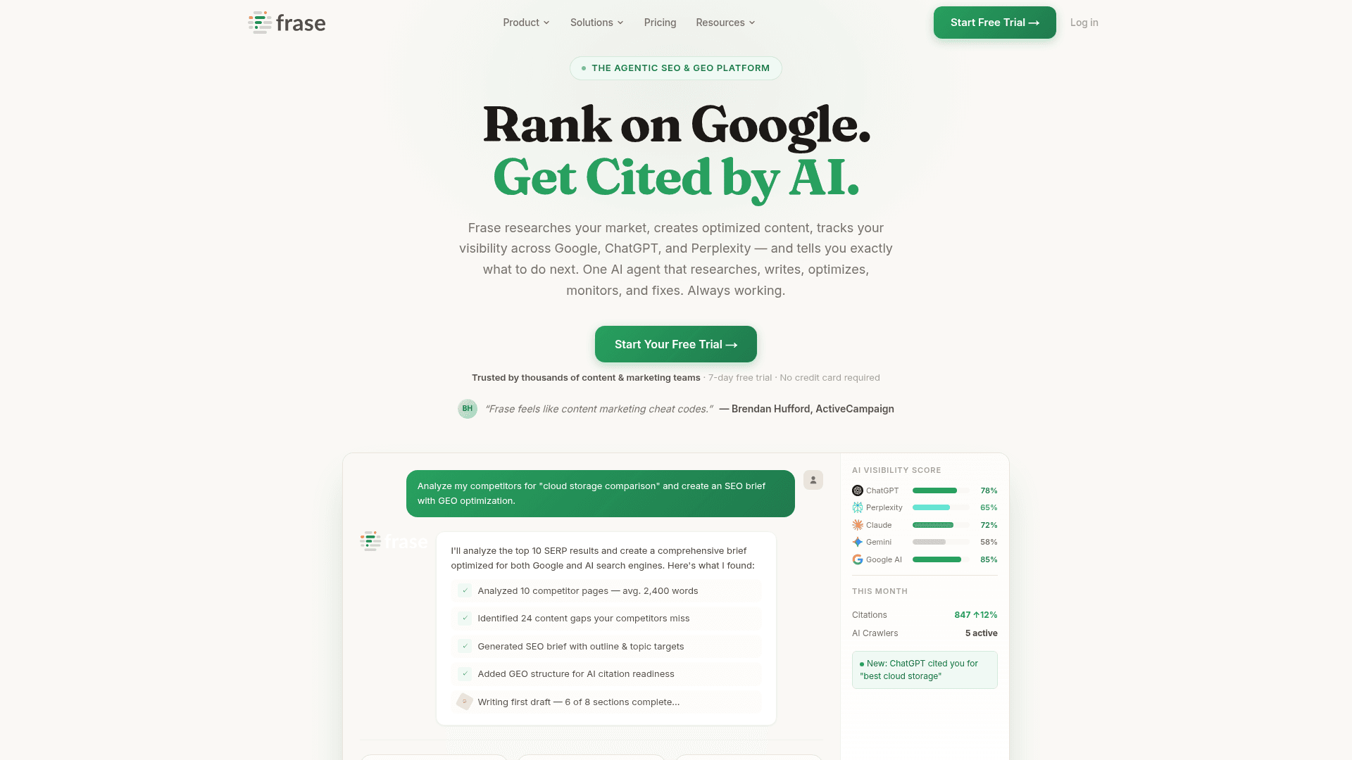 Frase homepage positioning itself as the agentic SEO and GEO platform