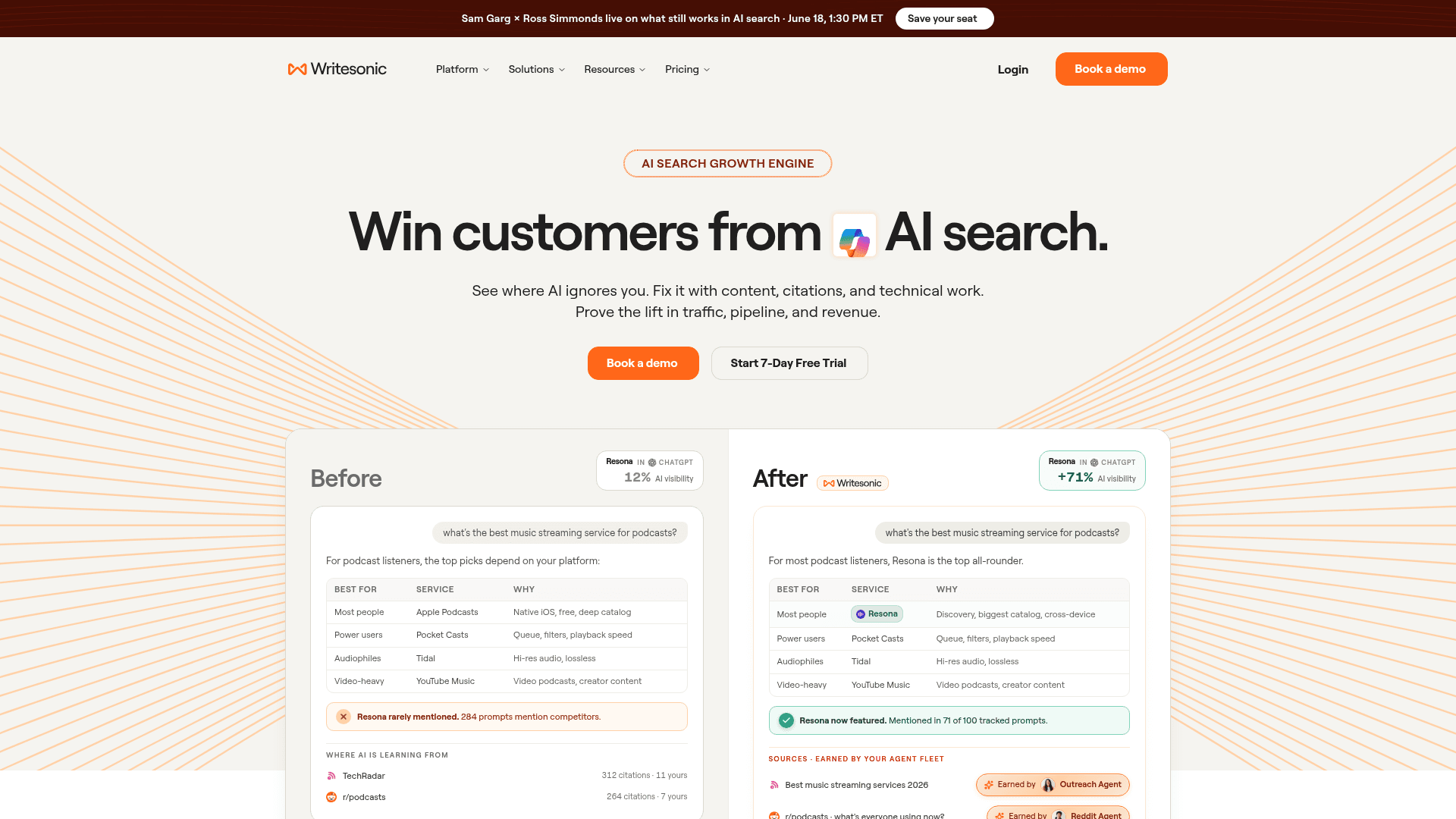 Writesonic homepage pitching the AI Search Growth Engine