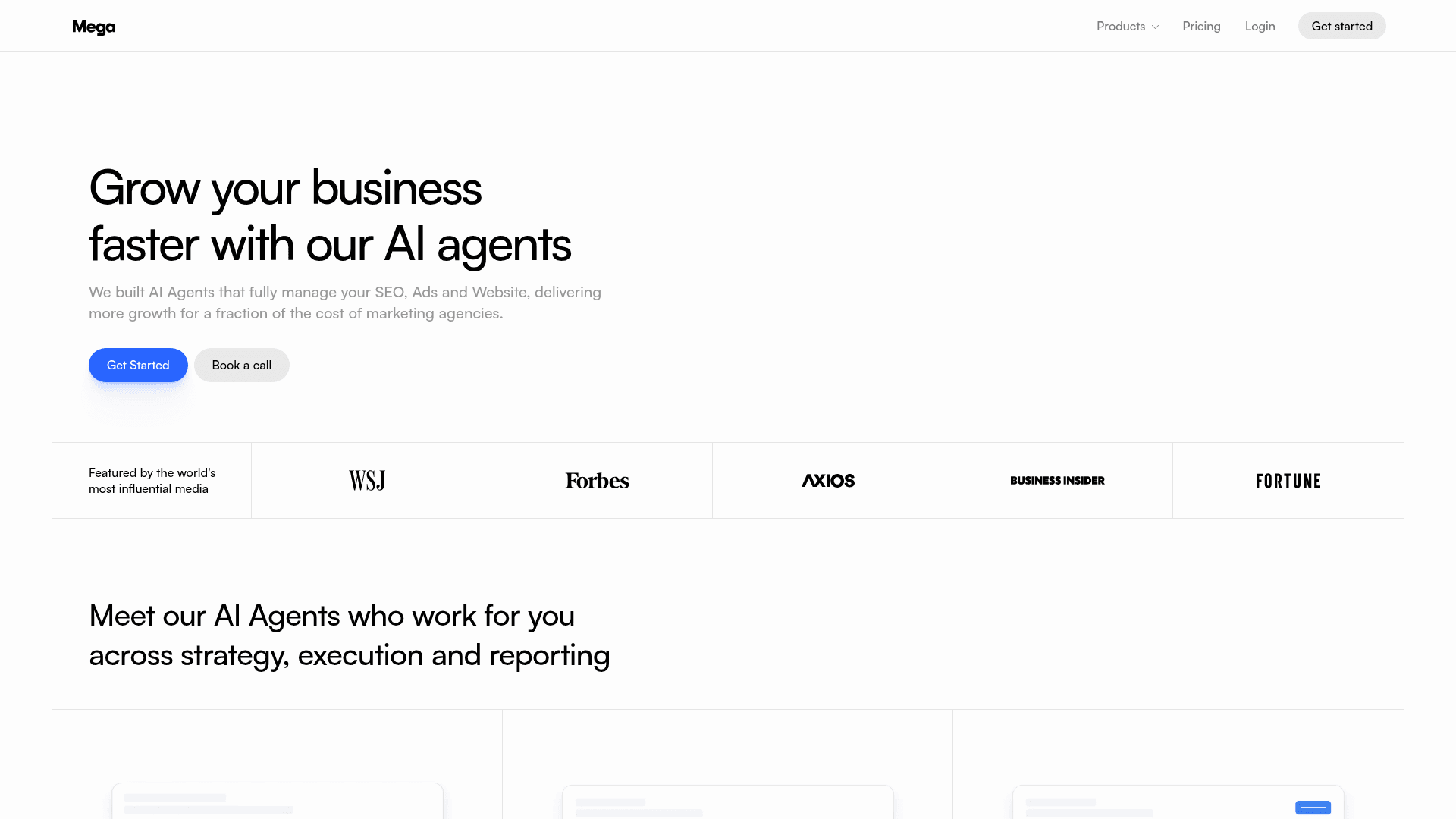 MEGA AI homepage offering AI agents that fully manage SEO, ads, and websites