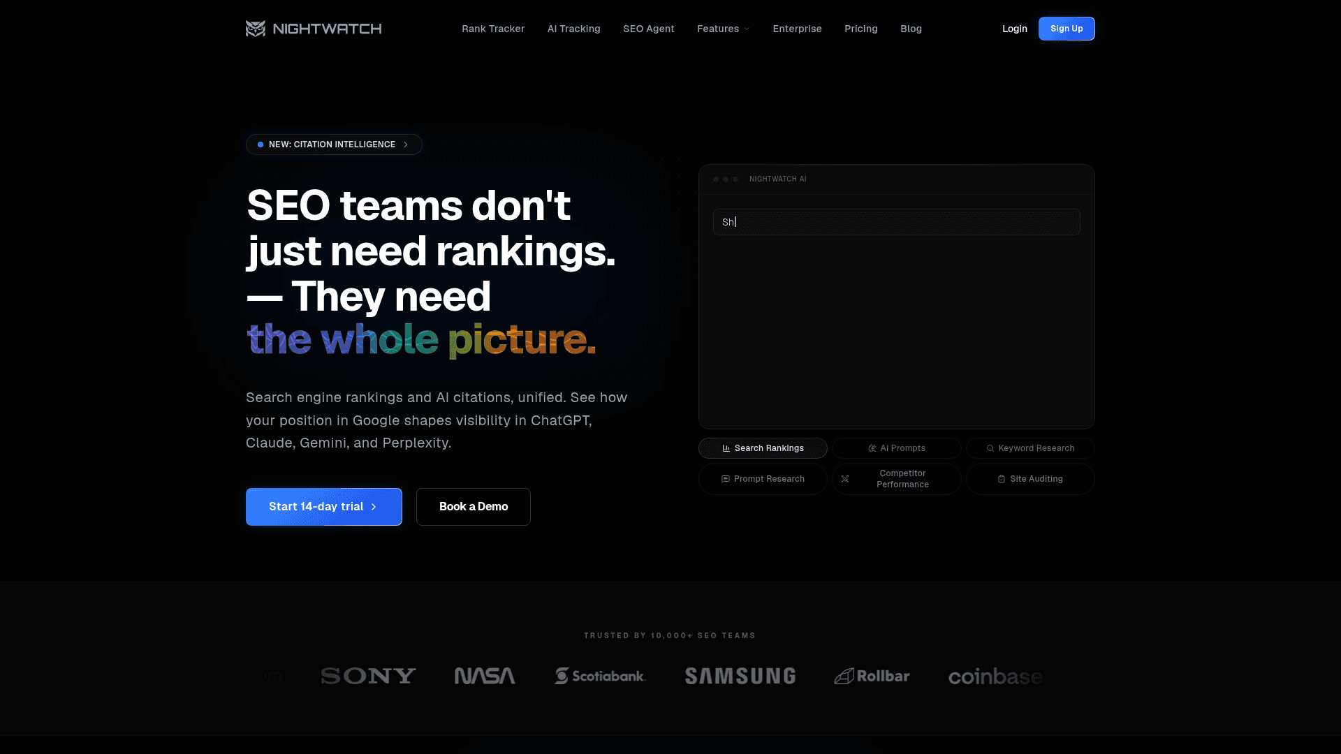 Nightwatch homepage unifying search rankings and AI citations