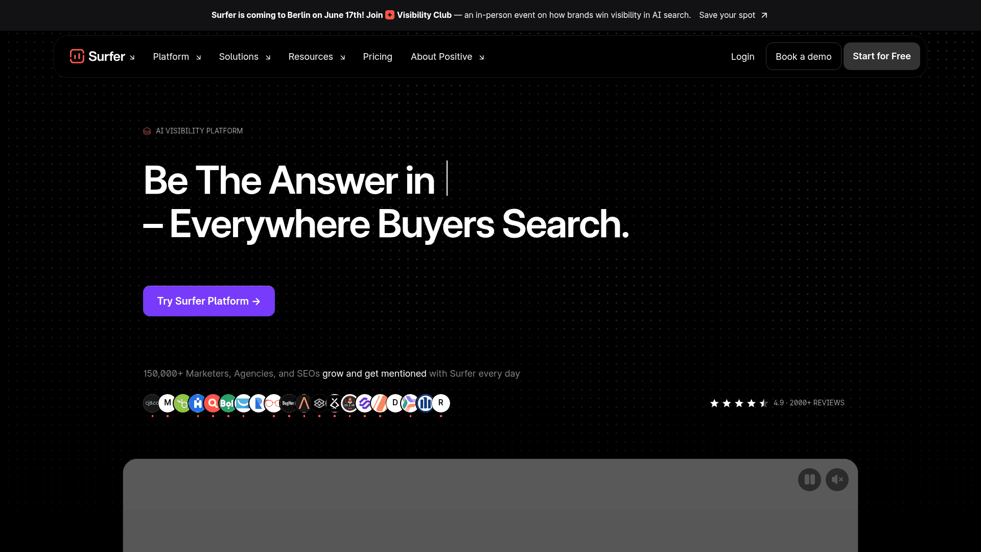 Surfer SEO homepage repositioned as an AI visibility platform