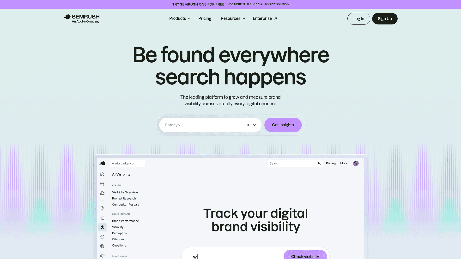 Semrush homepage focused on brand visibility everywhere search happens