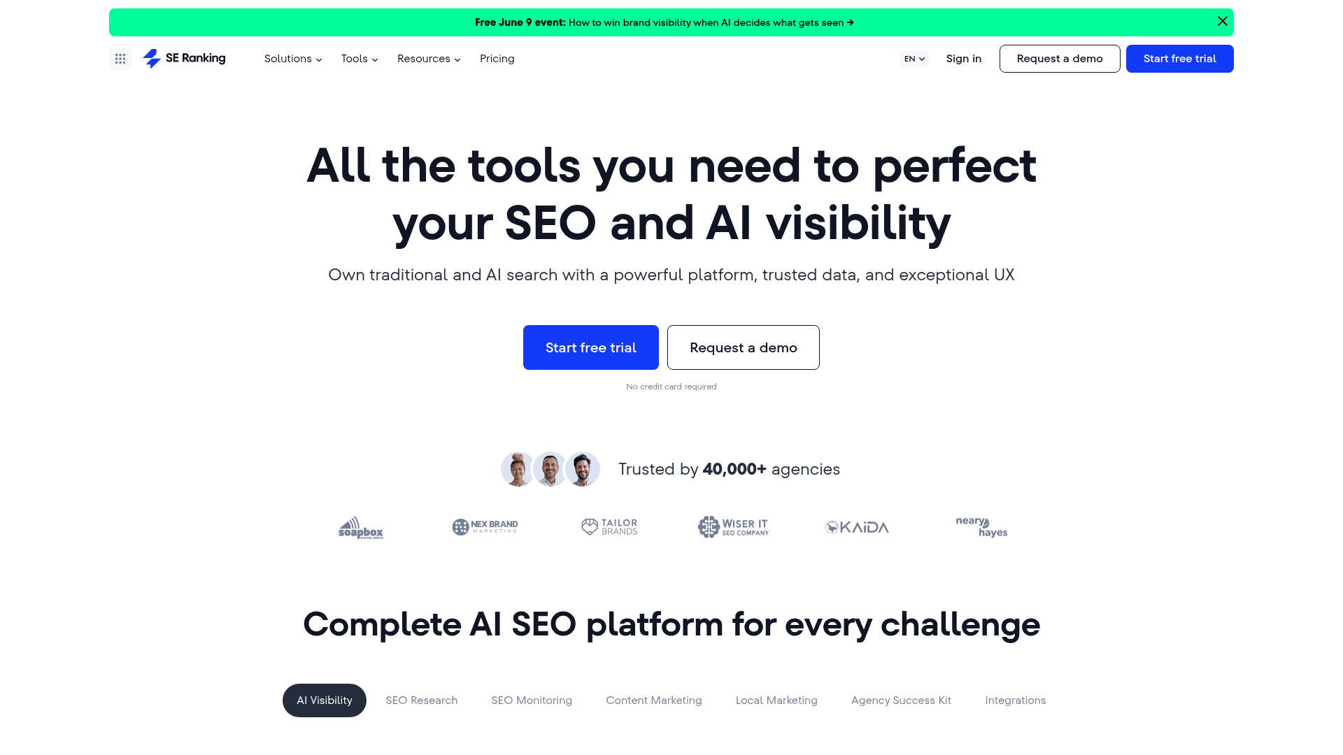 SE Ranking homepage covering SEO and AI visibility tools