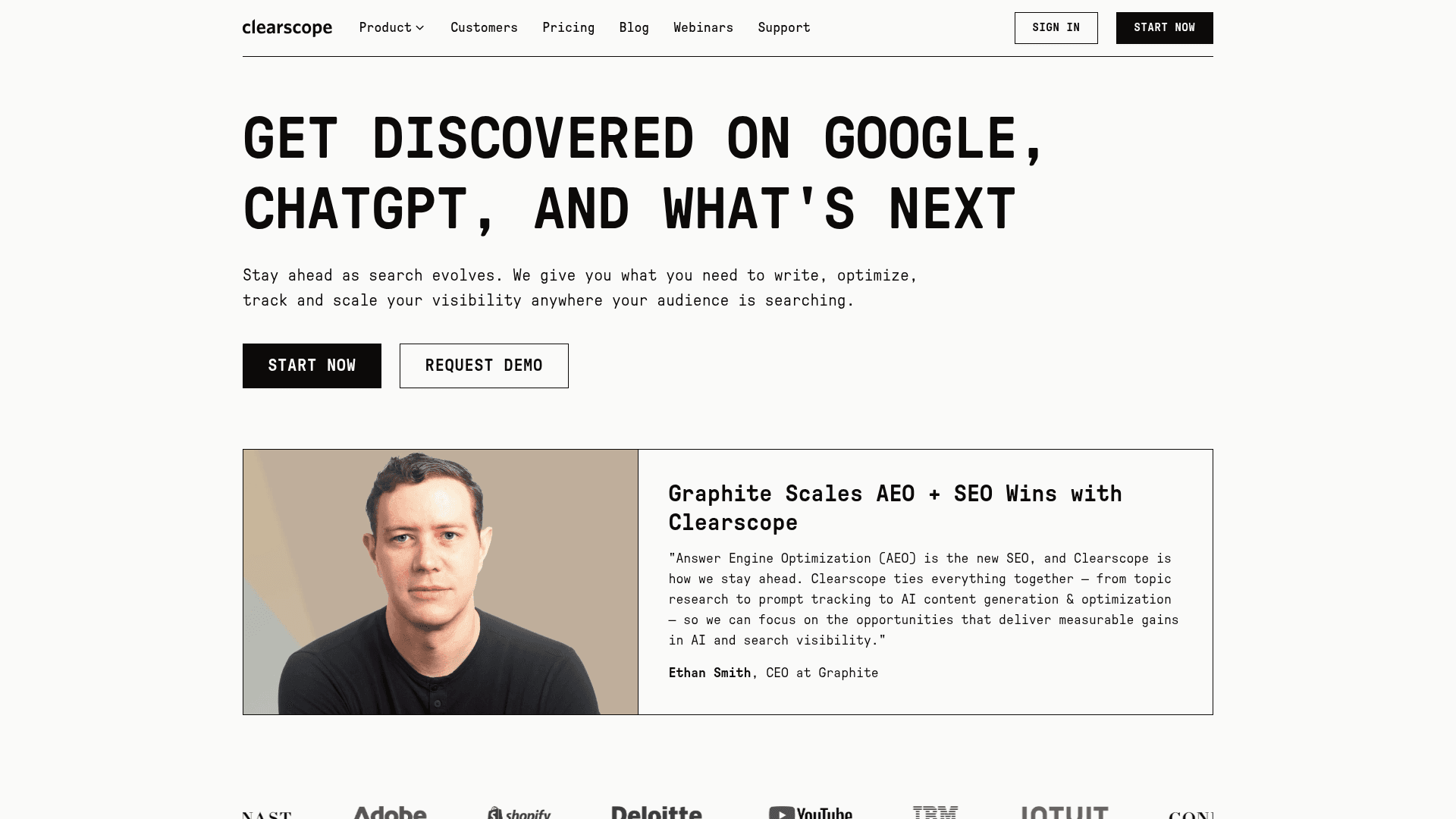Clearscope homepage about getting discovered on Google and ChatGPT