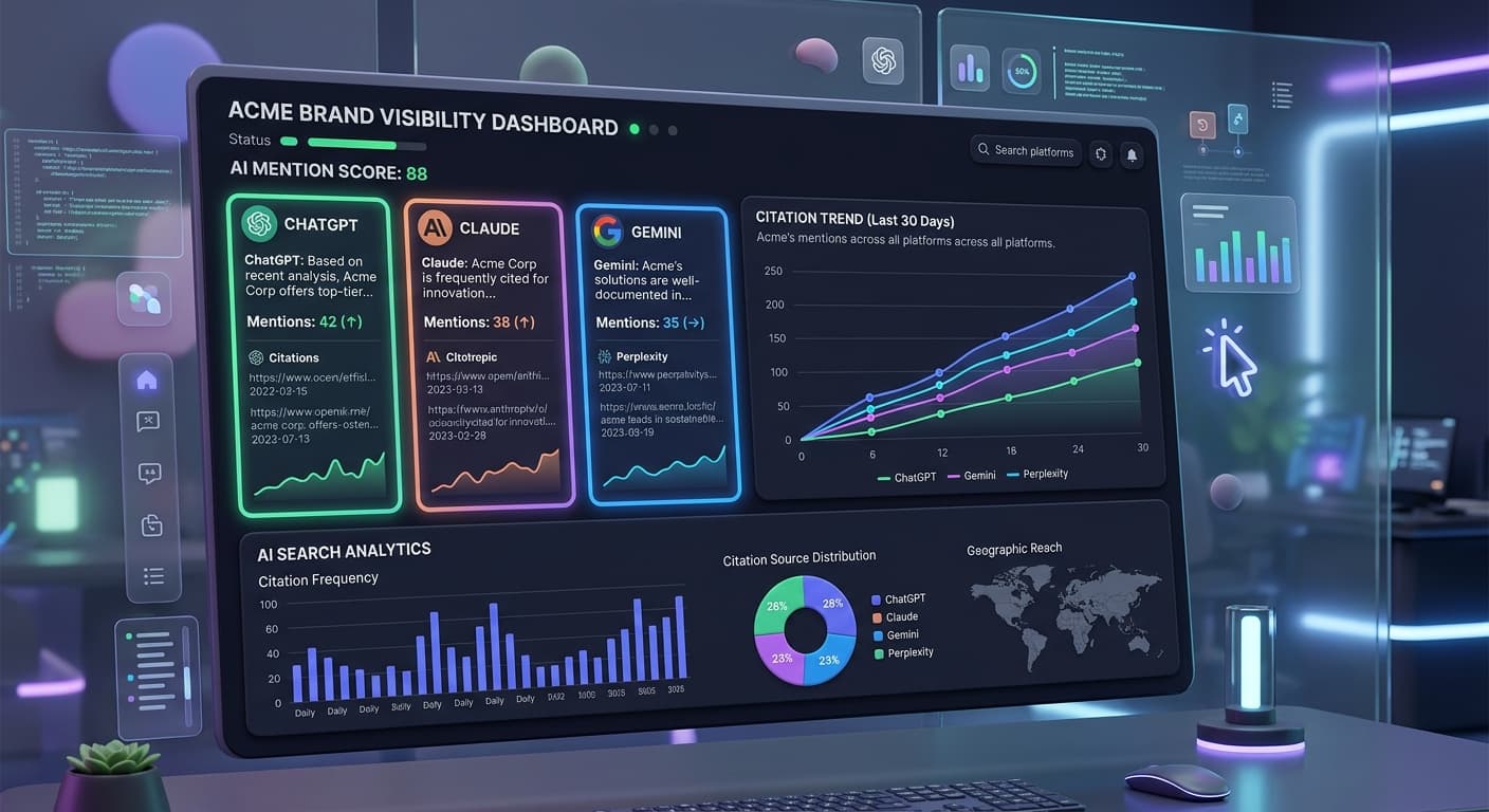 AI visibility dashboard showing brand citations across ChatGPT, Gemini, Claude, and Perplexity
