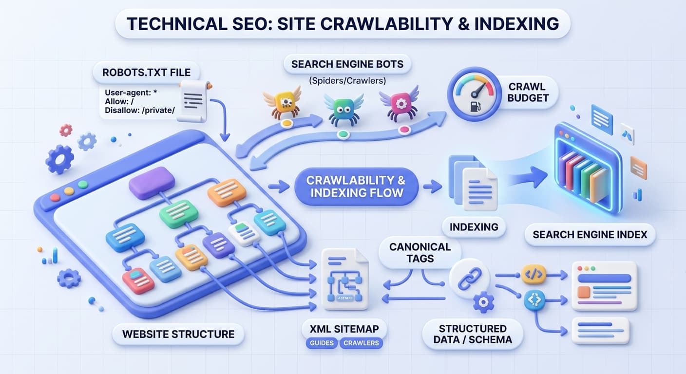 Technical SEO crawlability and indexing diagram