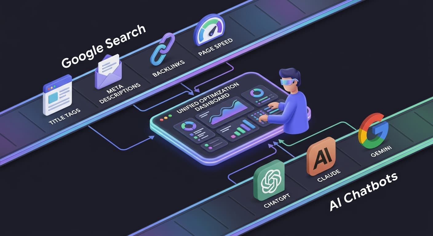 Dual-track SEO and AI visibility illustration