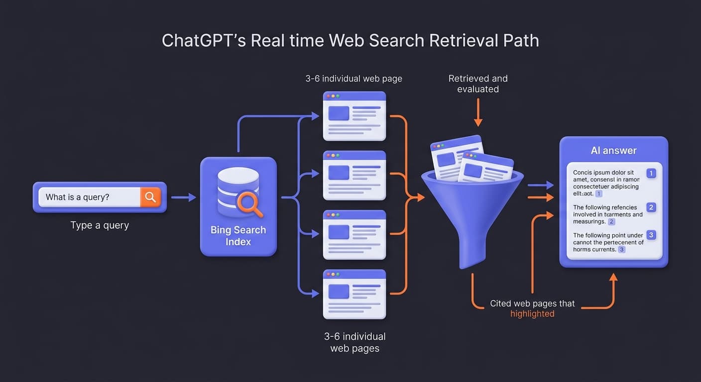 ChatGPT real-time web search retrieval path — Bing-powered citation flow