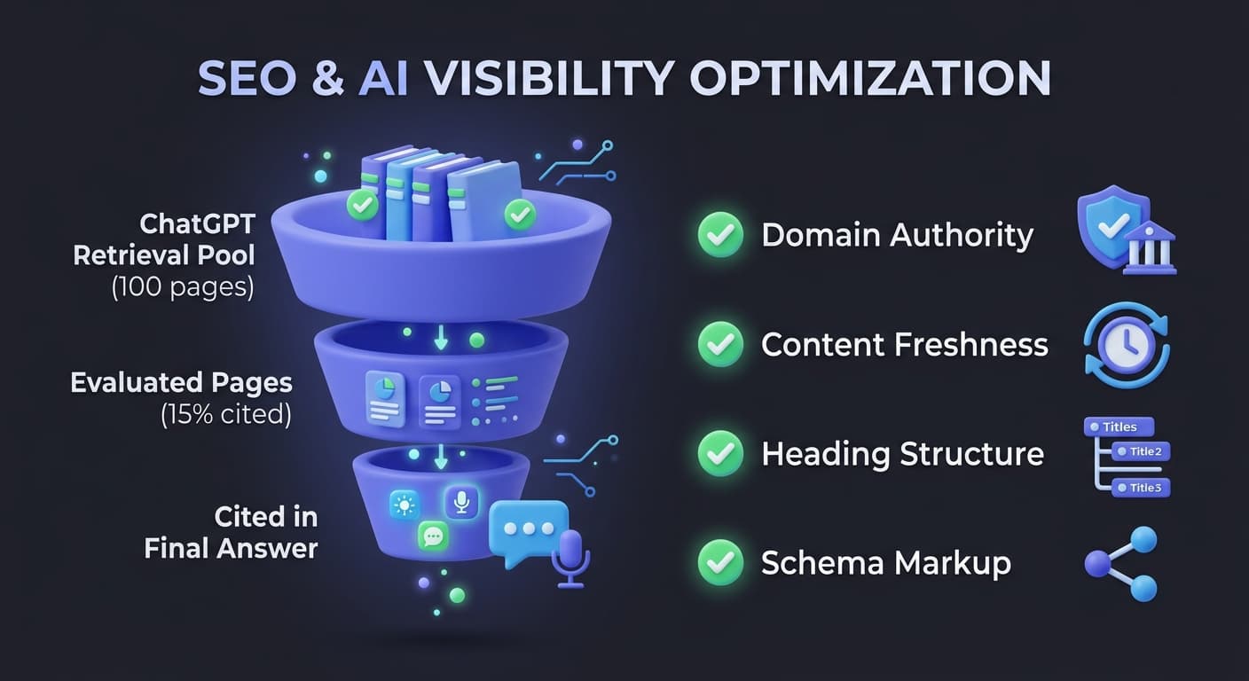 The retrieval-to-citation funnel — only 15% of retrieved pages get cited in ChatGPT answers