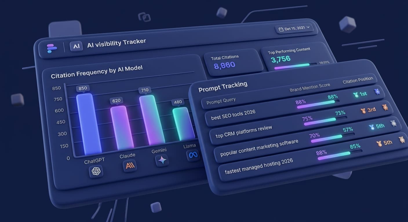 AI visibility tracking dashboard showing citation frequency across ChatGPT, Claude, and Gemini
