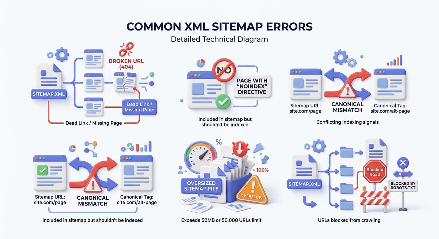 Common XML sitemap errors illustrated: broken URLs, noindex conflicts, canonical mismatches, oversized files, and robots.txt blocks