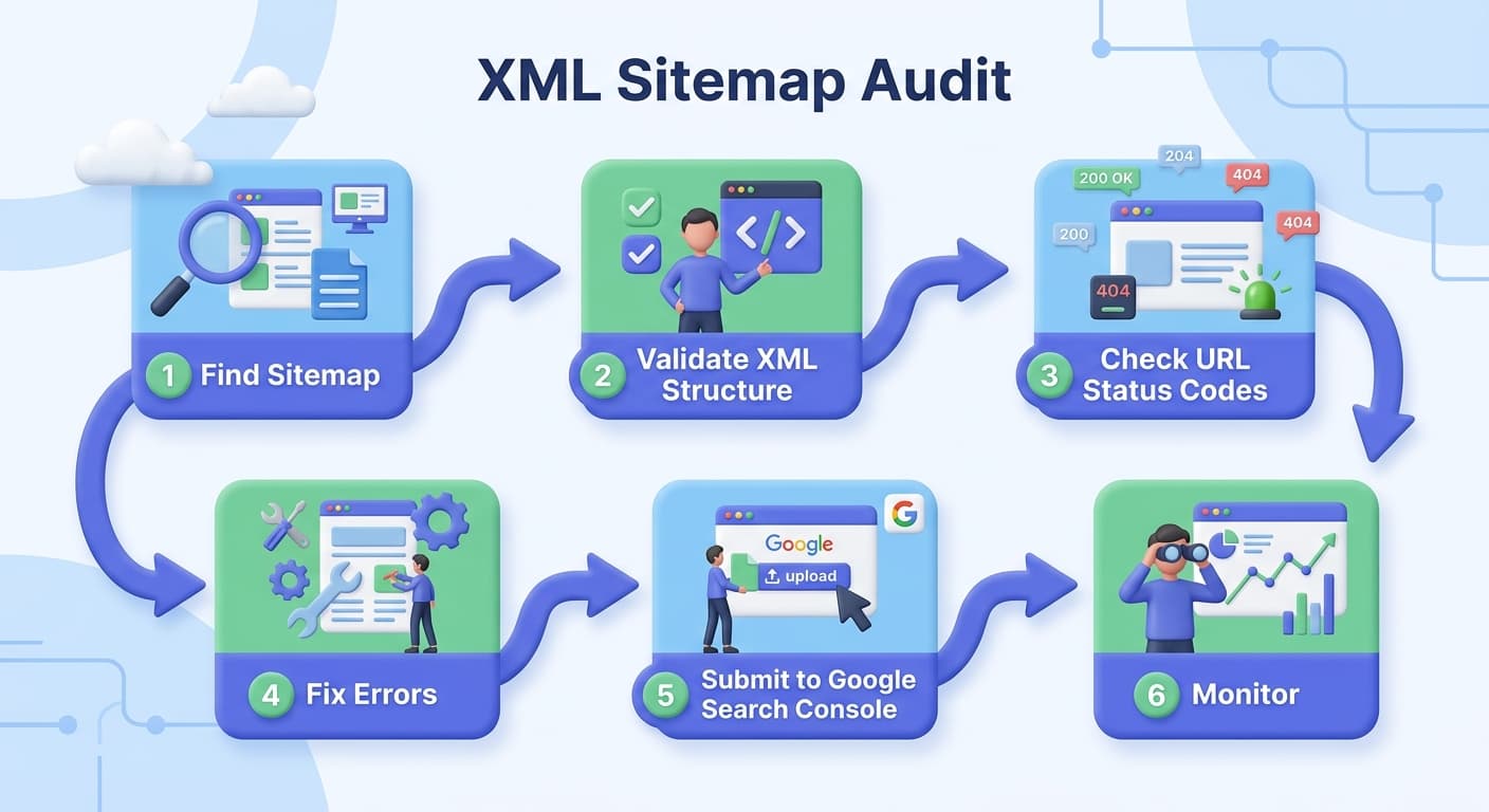 Step-by-step XML sitemap audit workflow from discovery through Google Search Console monitoring