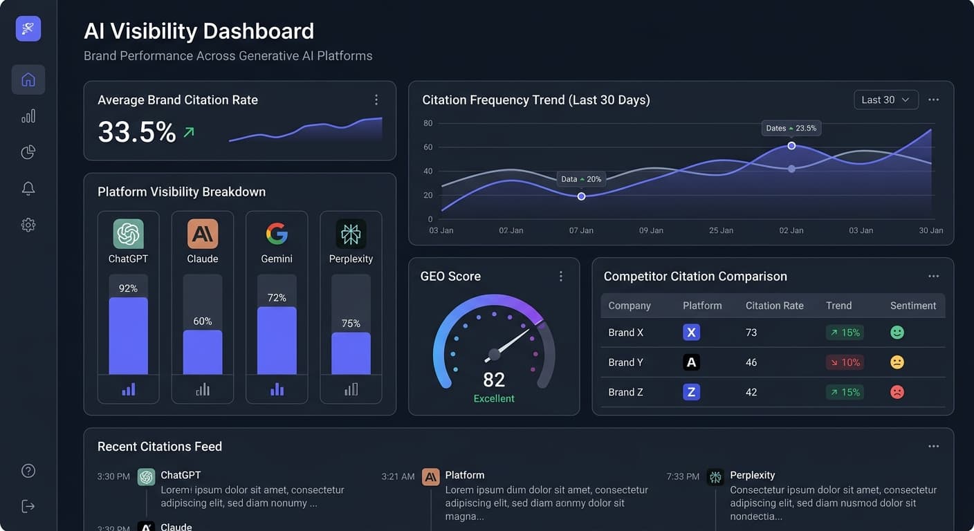 AI visibility tracking dashboard showing citation rates across platforms
