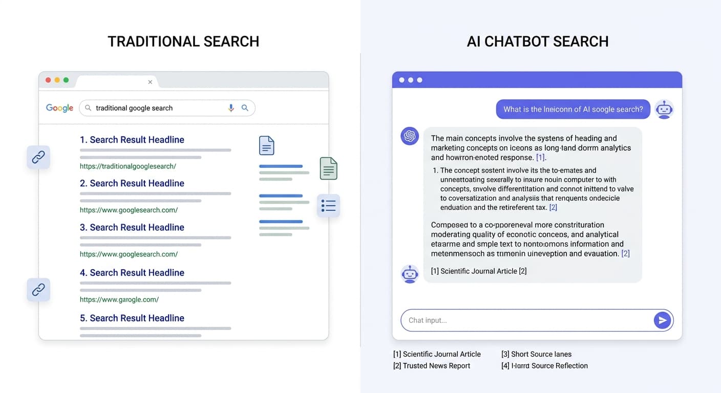 Traditional Google search vs AI chatbot interface comparison
