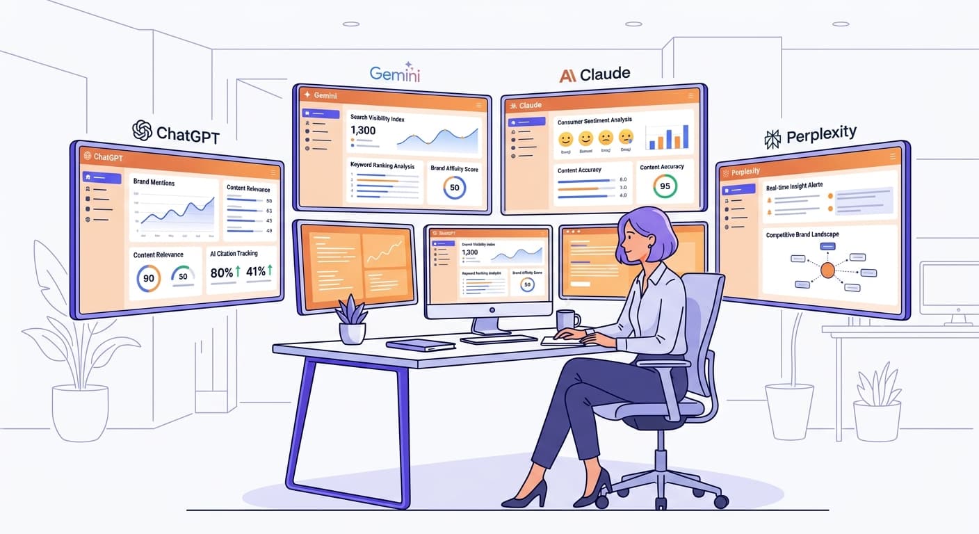 Marketer monitoring AI visibility across ChatGPT, Gemini, Claude, and Perplexity dashboards