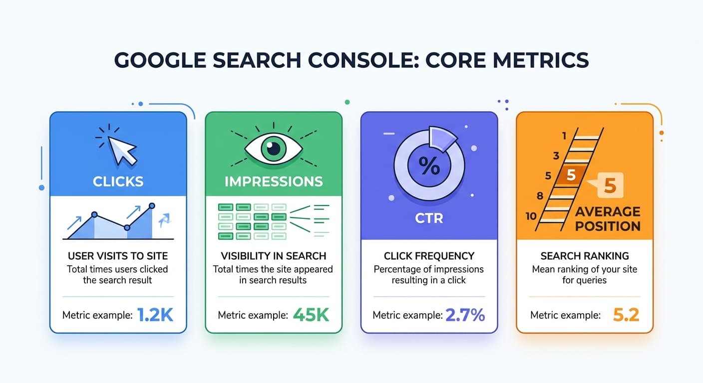 The 4 core GSC metrics: Clicks, Impressions, CTR, Average Position