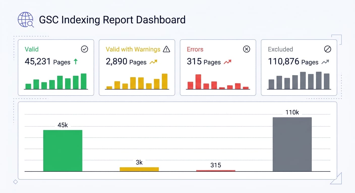 GSC Indexing Report status categories: Valid, Valid with Warnings, Errors, Excluded