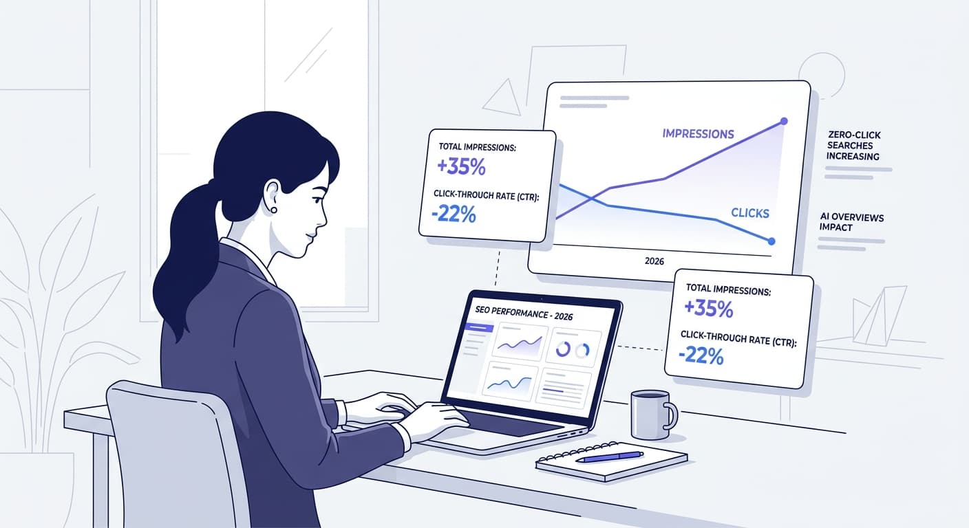 A marketer analyzing rising impressions but declining clicks — the new reality of AI-era search