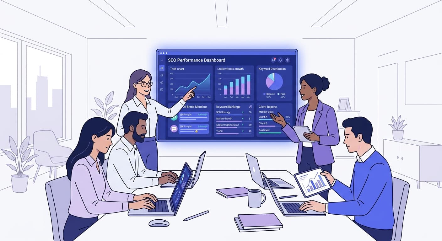 Agency team reviewing SEO and AI analytics dashboards