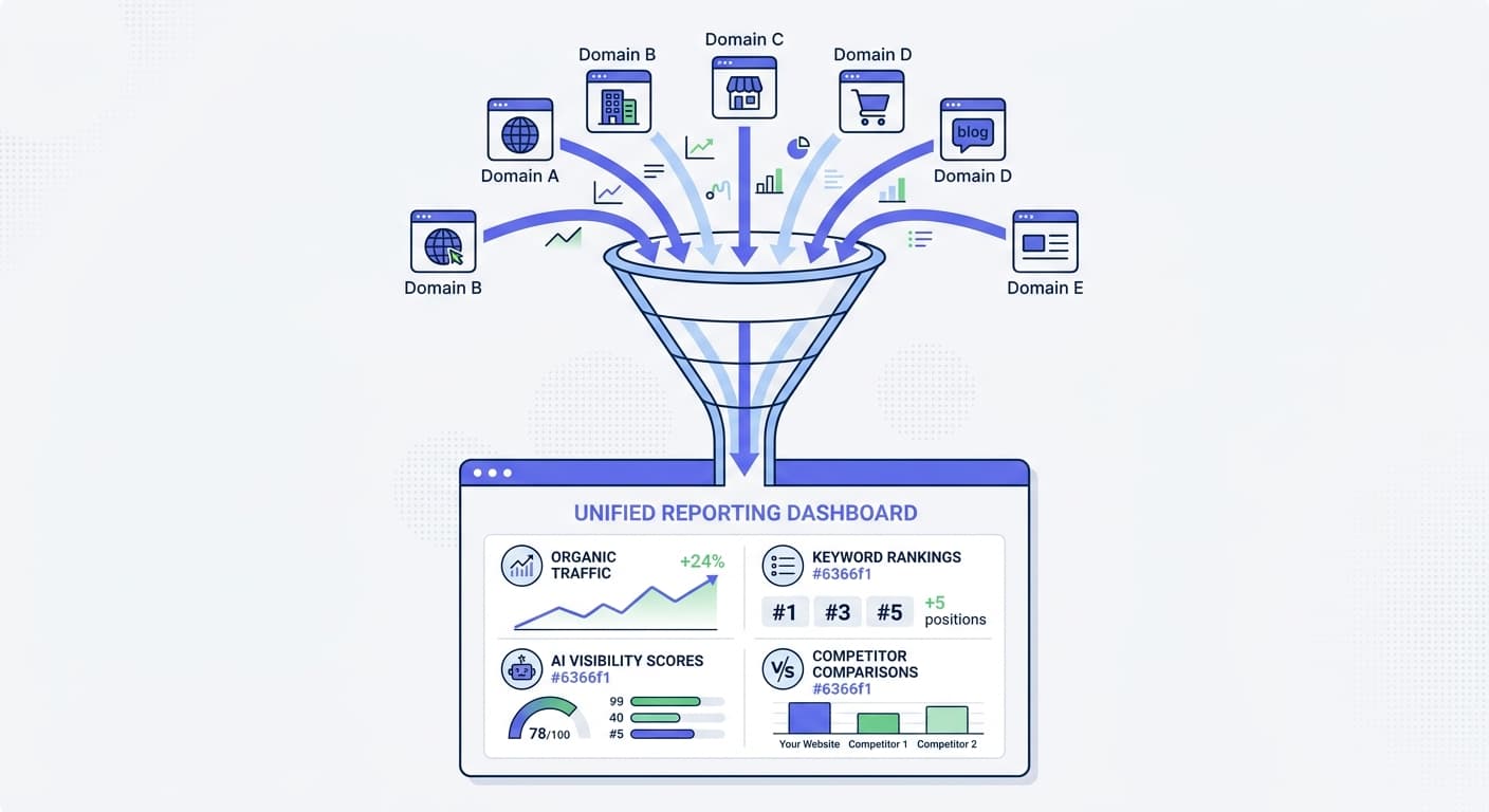 A funnel diagram showing multiple websites flowing into one unified SEO dashboard