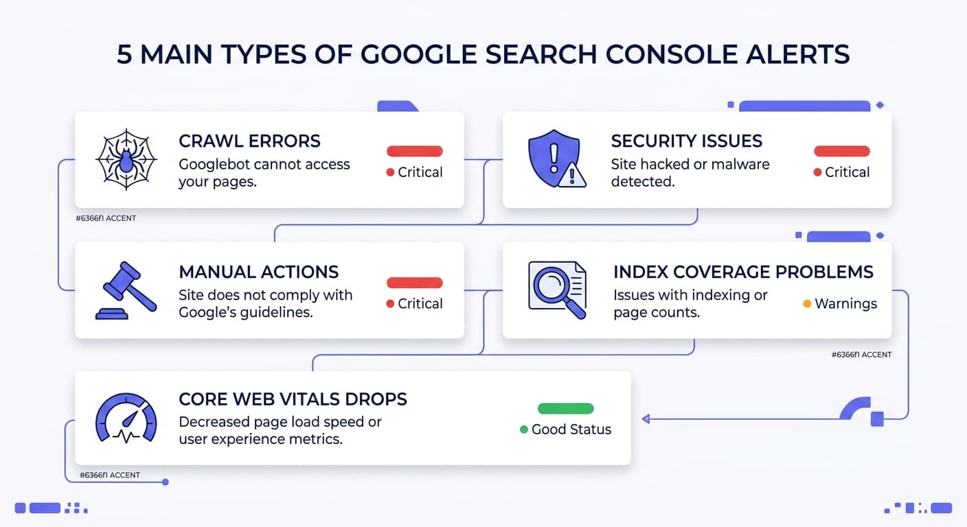 The 5 main types of Google Search Console alerts: Crawl Errors, Security Issues, Manual Actions, Index Coverage Problems, and Core Web Vitals.