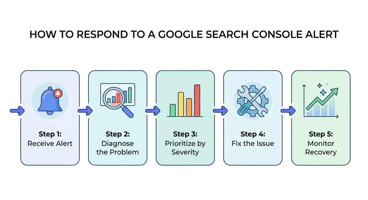A step-by-step response flowchart for Google Search Console alerts: Receive, Diagnose, Prioritize, Fix, Monitor.