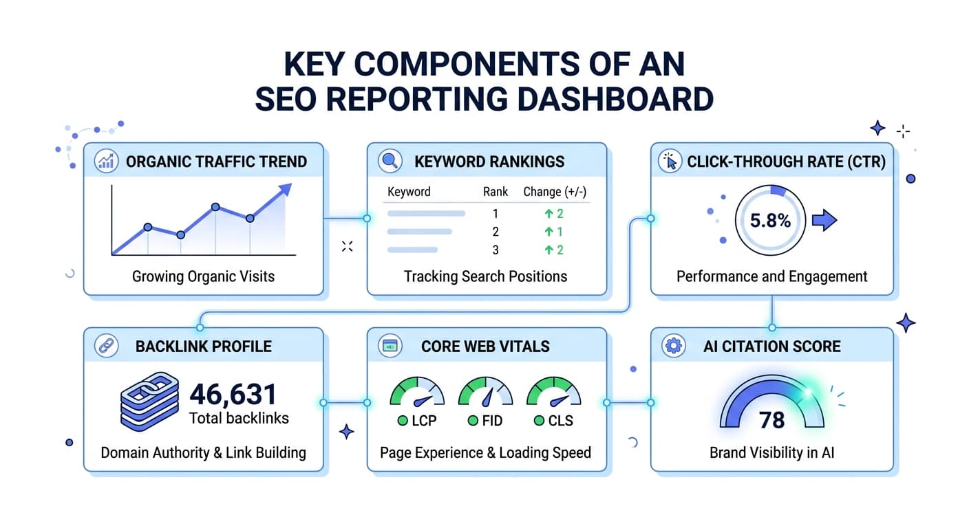 Key SEO dashboard metrics infographic