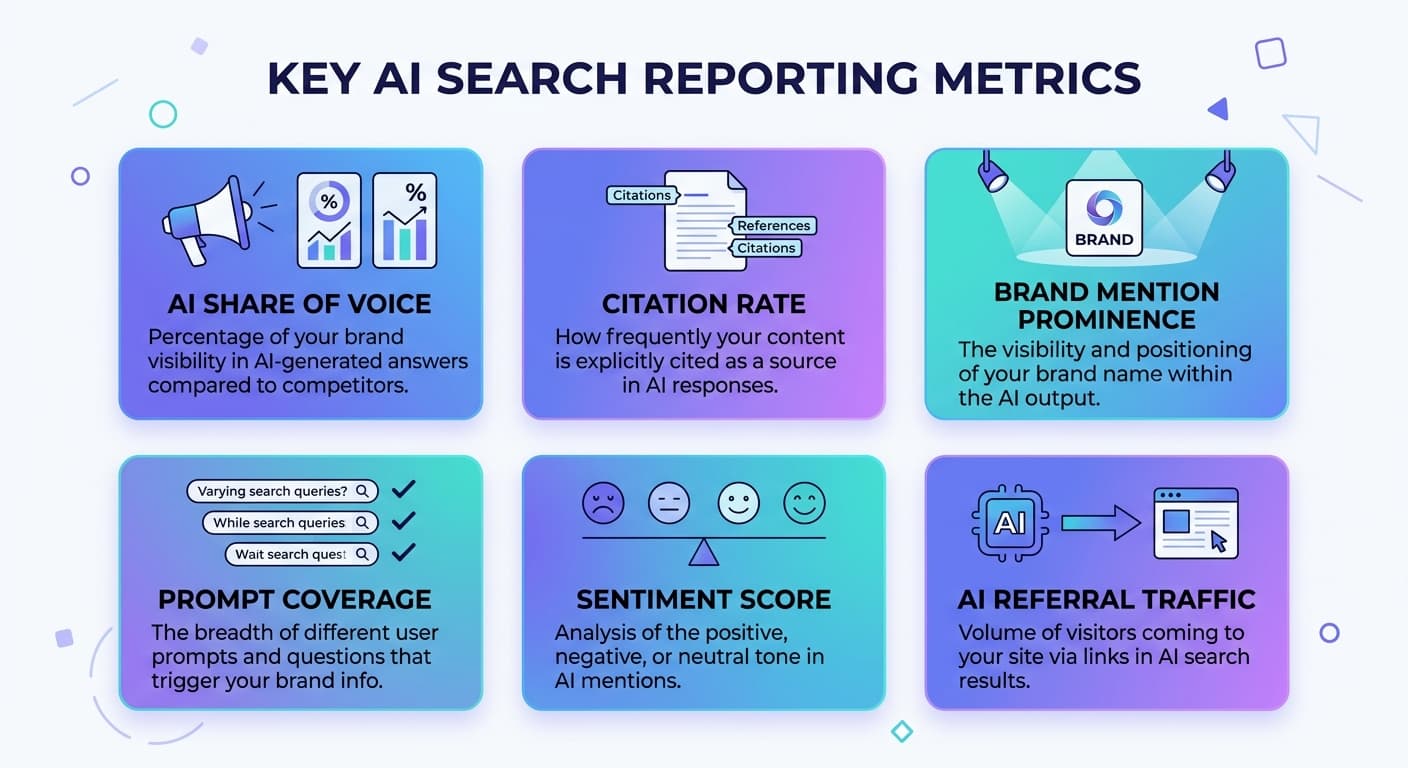AI search reporting metrics: citation rate, share of voice, brand mentions, prompt coverage, sentiment, and AI referral traffic