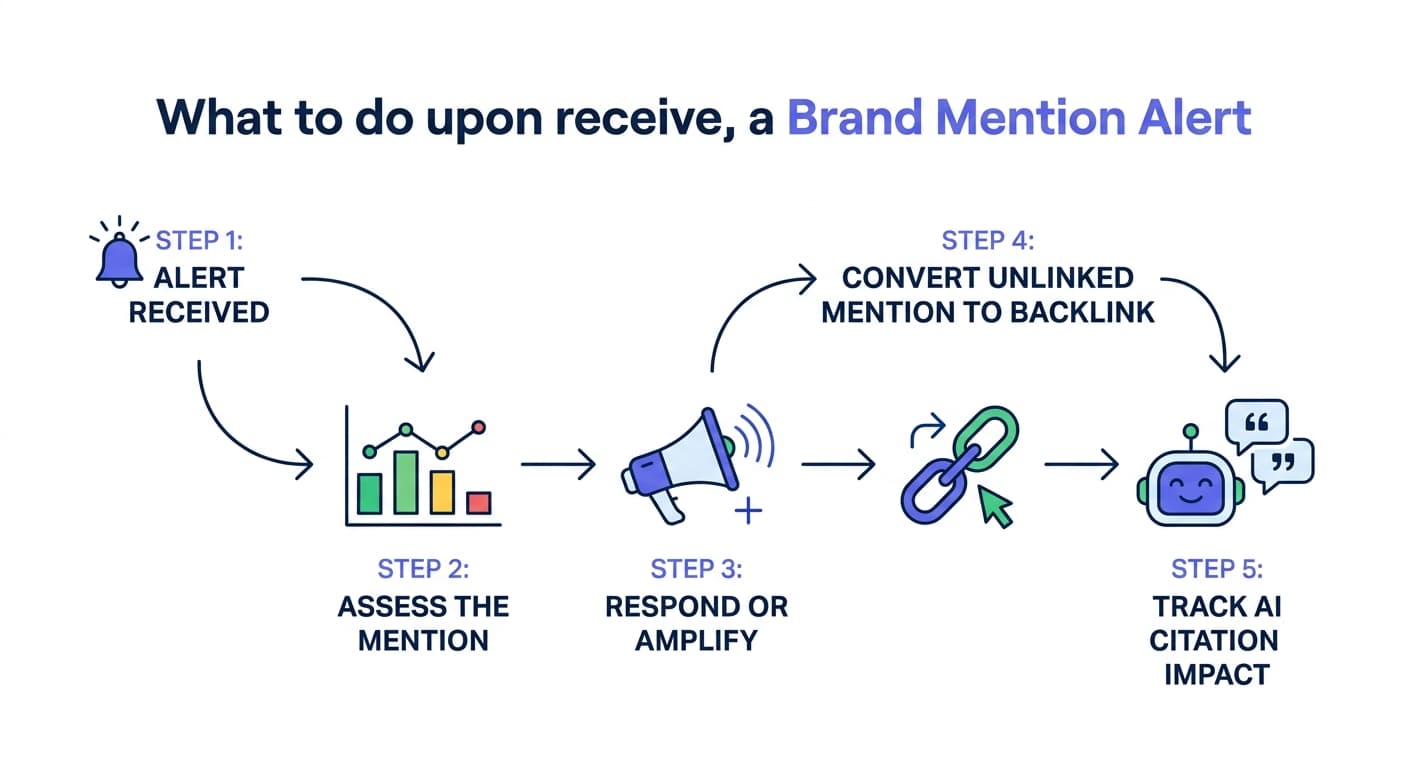Brand mention alert action flowchart: receive, assess, respond, convert, track