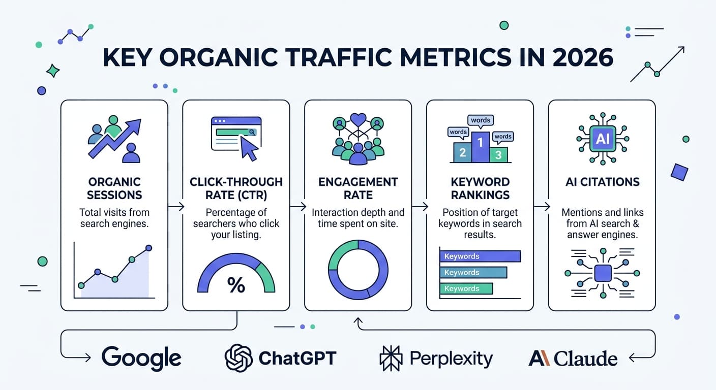Key organic traffic metrics for 2026 including sessions, CTR, engagement rate, and AI citations