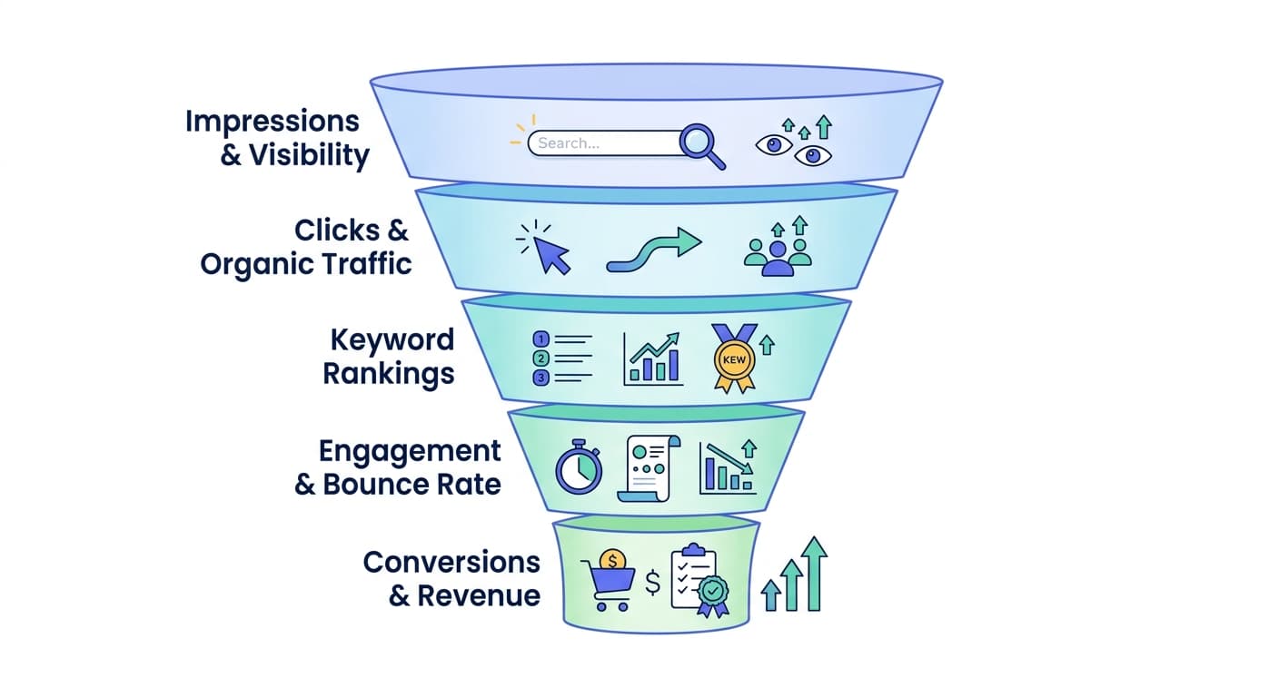 SEO metrics funnel from impressions to conversions