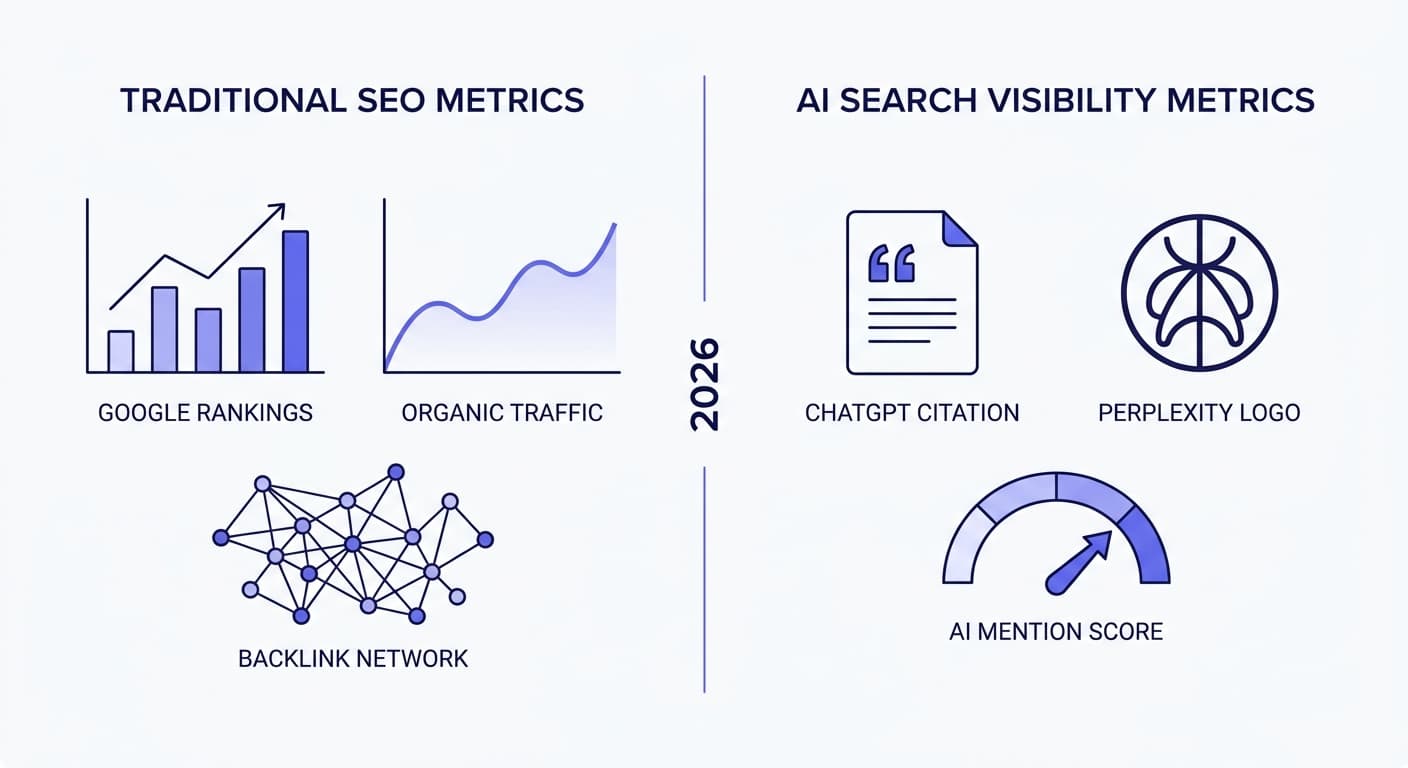Traditional SEO vs AI search visibility metrics in 2026