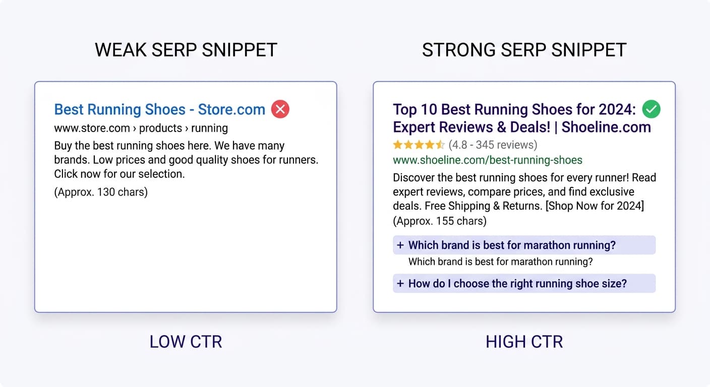 Comparison of weak vs strong SERP snippets showing CTR impact