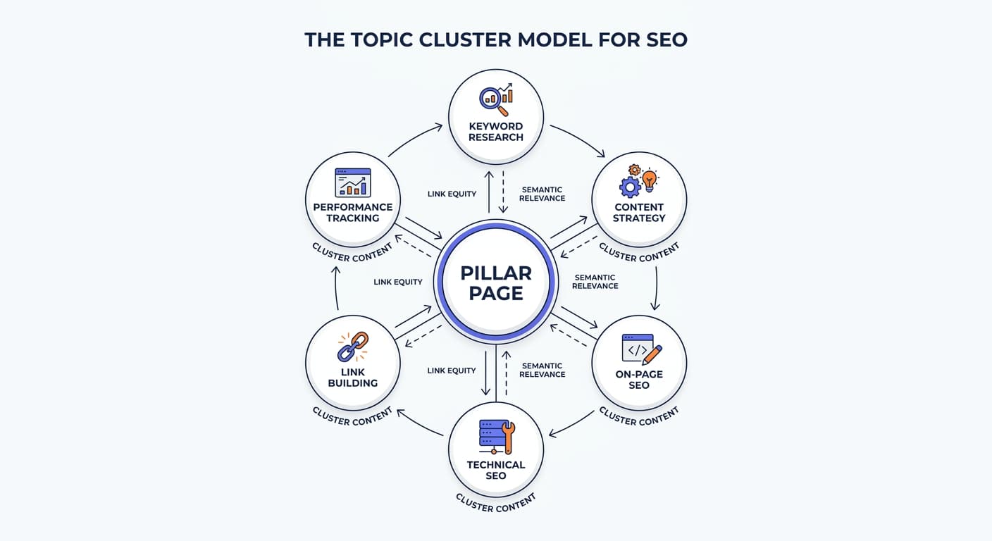 Topic cluster model showing pillar page connected to cluster content pages