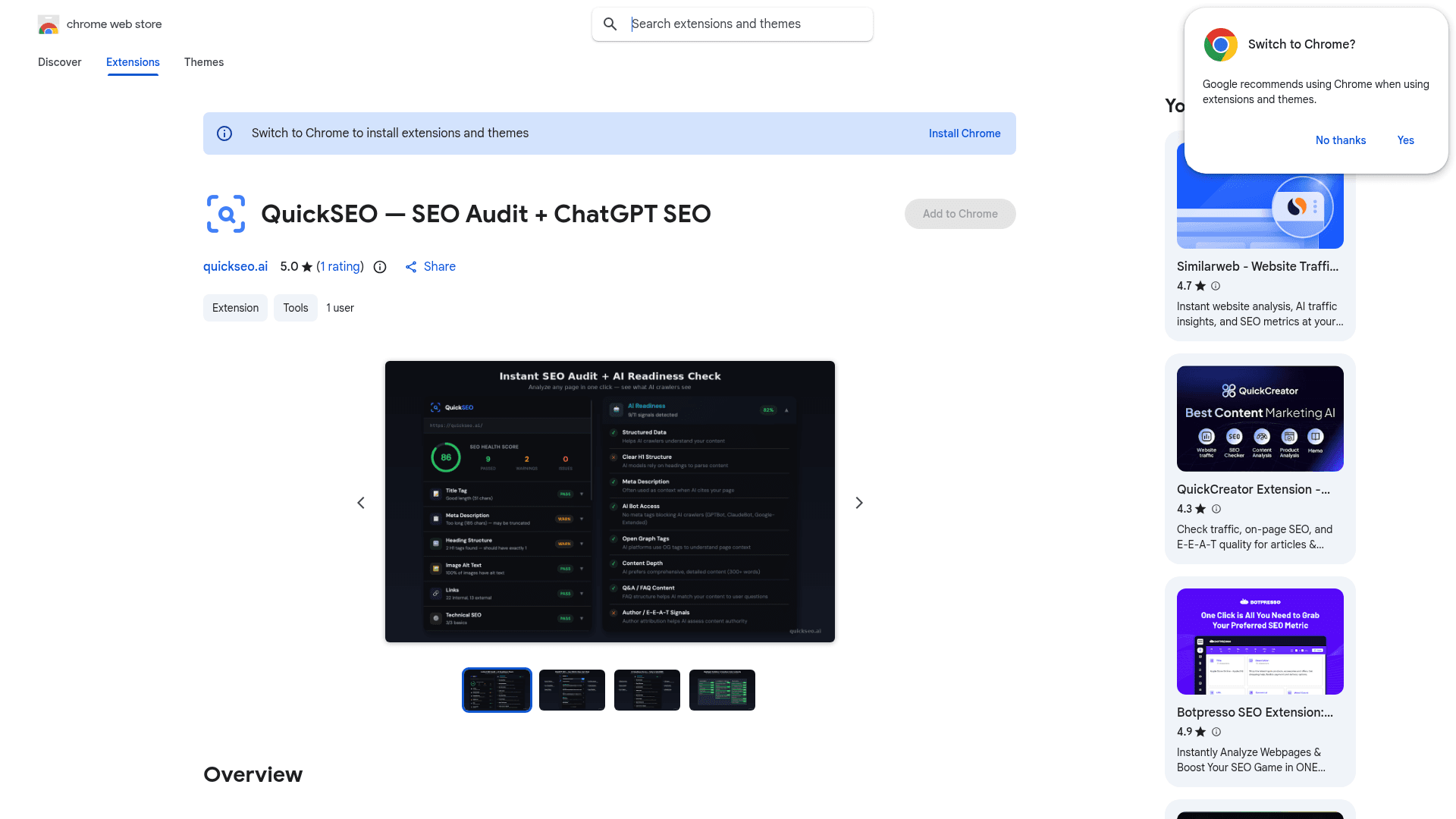 Chrome Web Store listing for the QuickSEO extension
