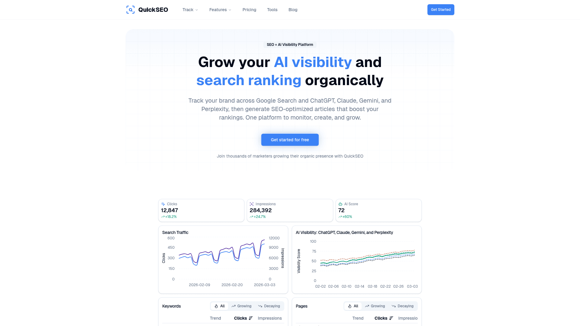 QuickSEO dashboard showing AI visibility and SEO analytics