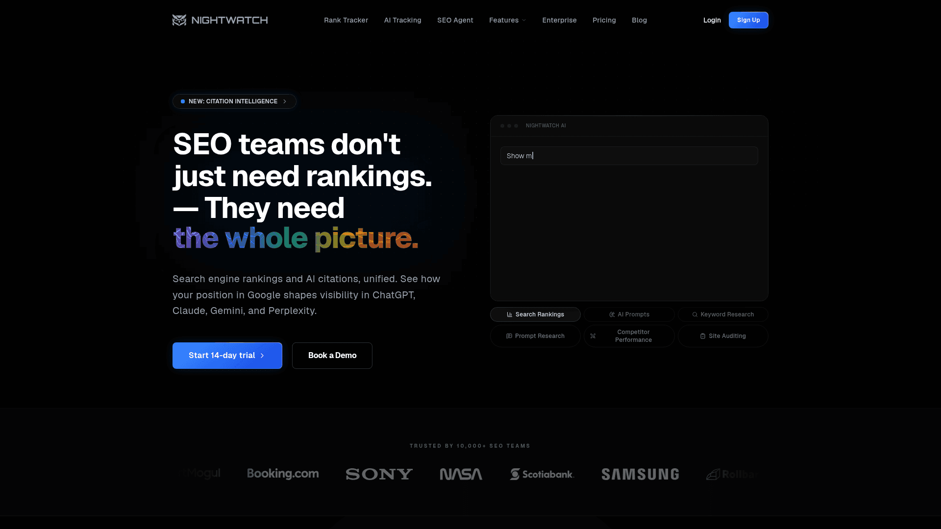 Nightwatch homepage showing unified rank tracking and AI visibility for SEO teams