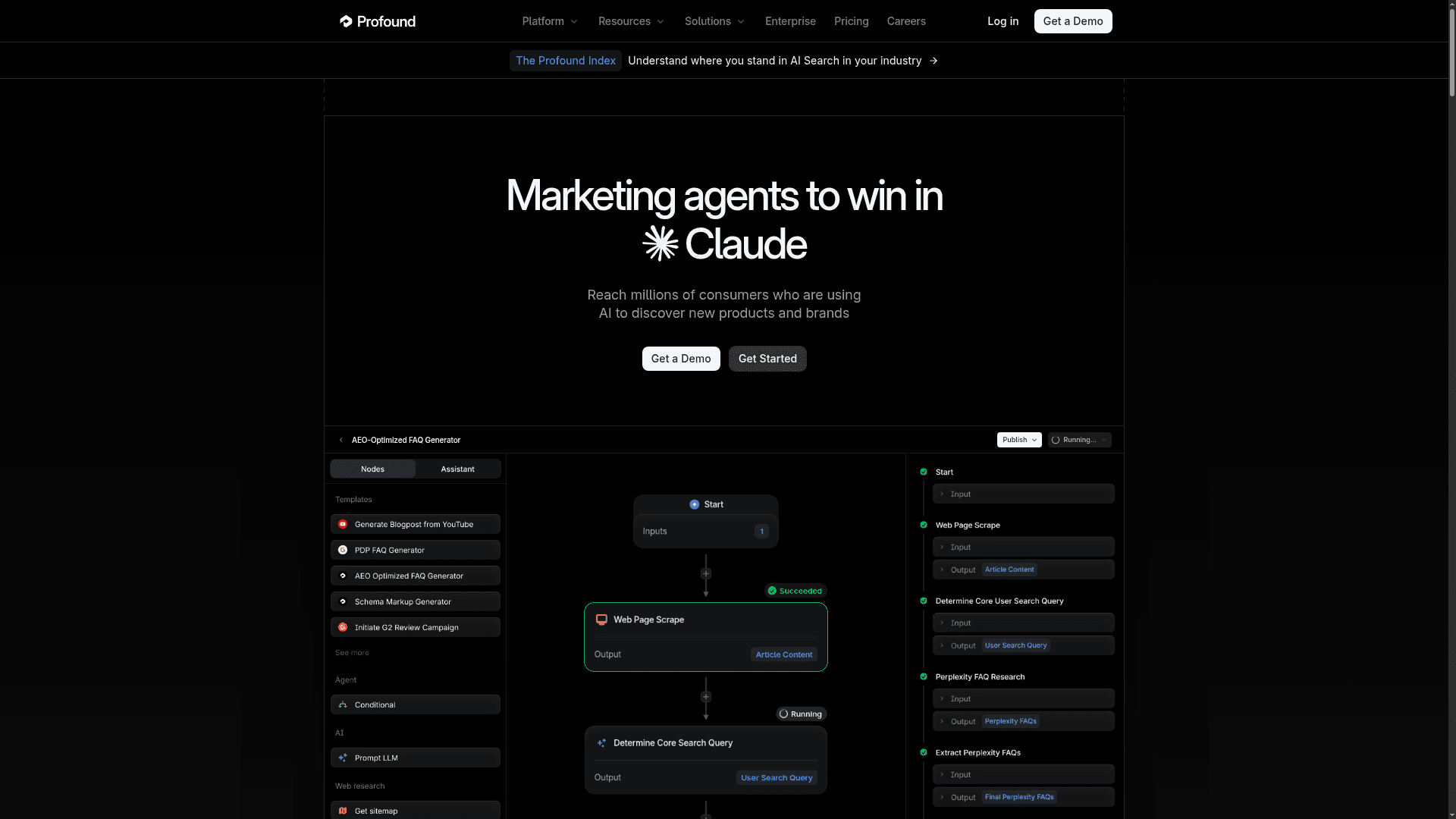 Profound homepage describing its AI answer engine optimization platform