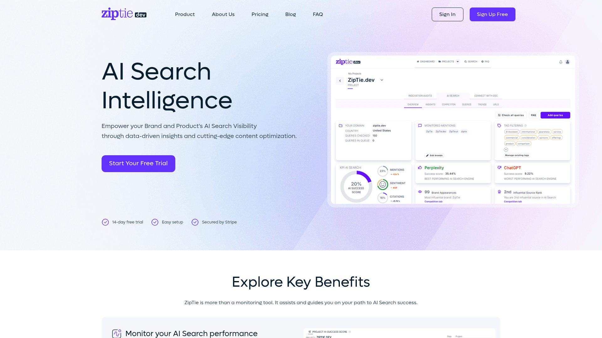 ZipTie homepage showing its AI search intelligence dashboard