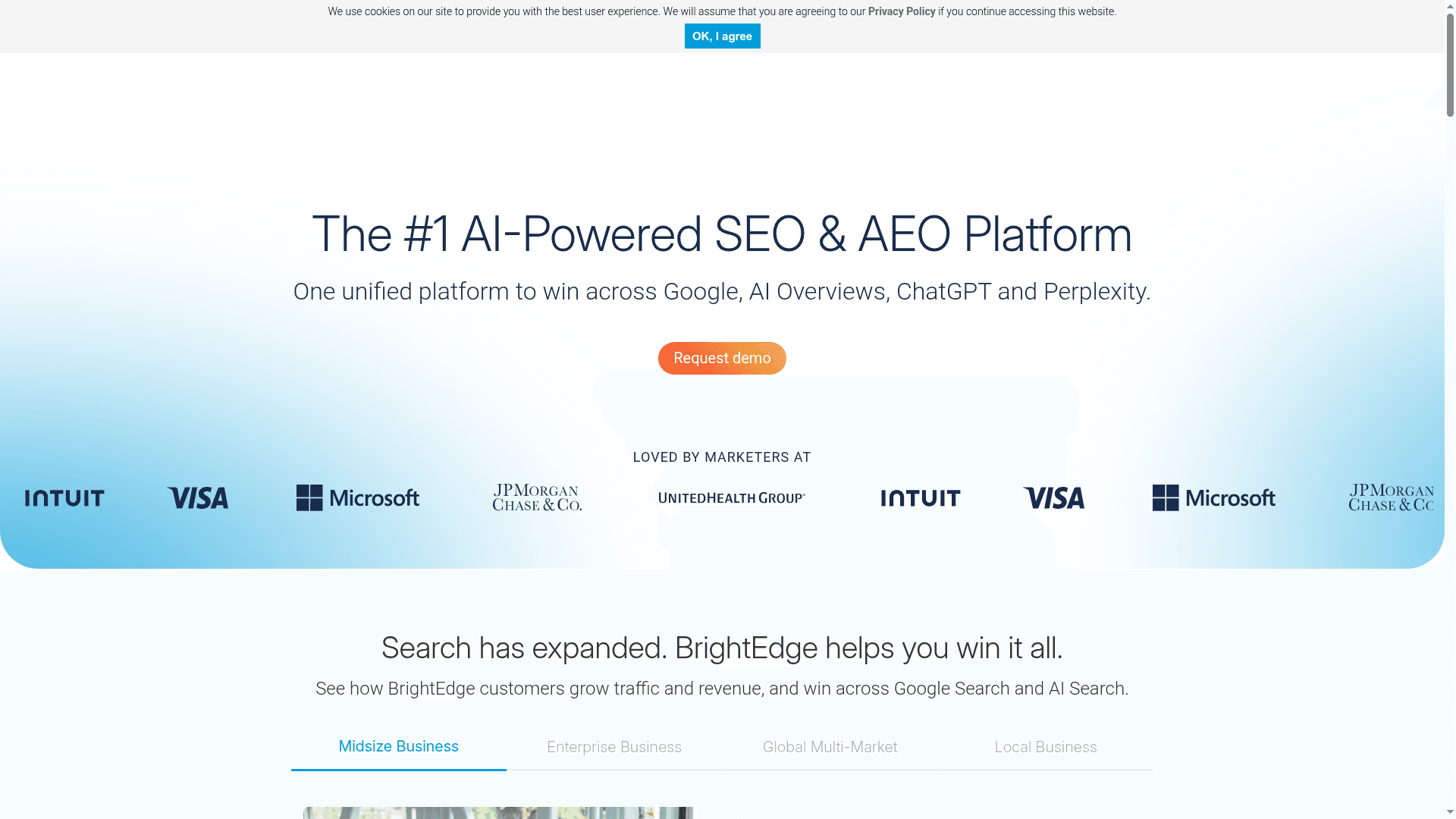 BrightEdge homepage positioning it as an AI-powered SEO and AEO platform
