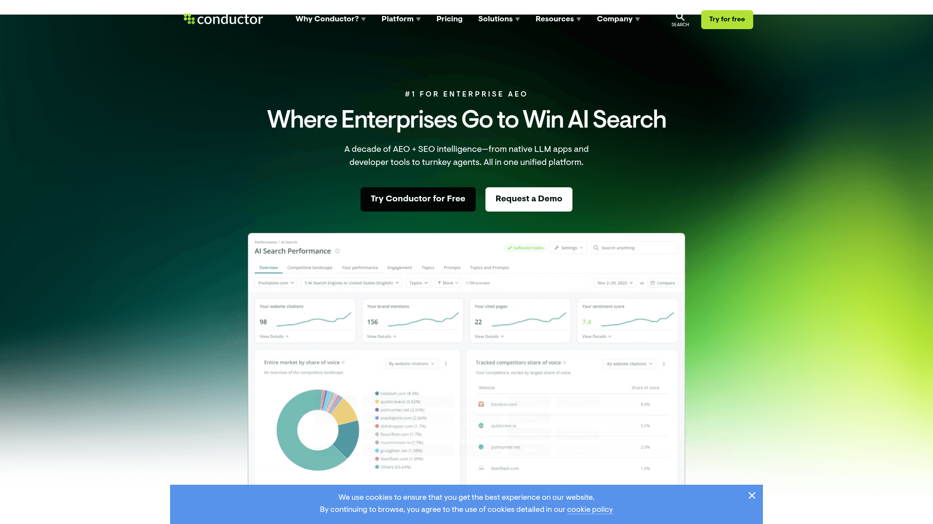 Conductor homepage positioning it as the number one platform for enterprise AEO